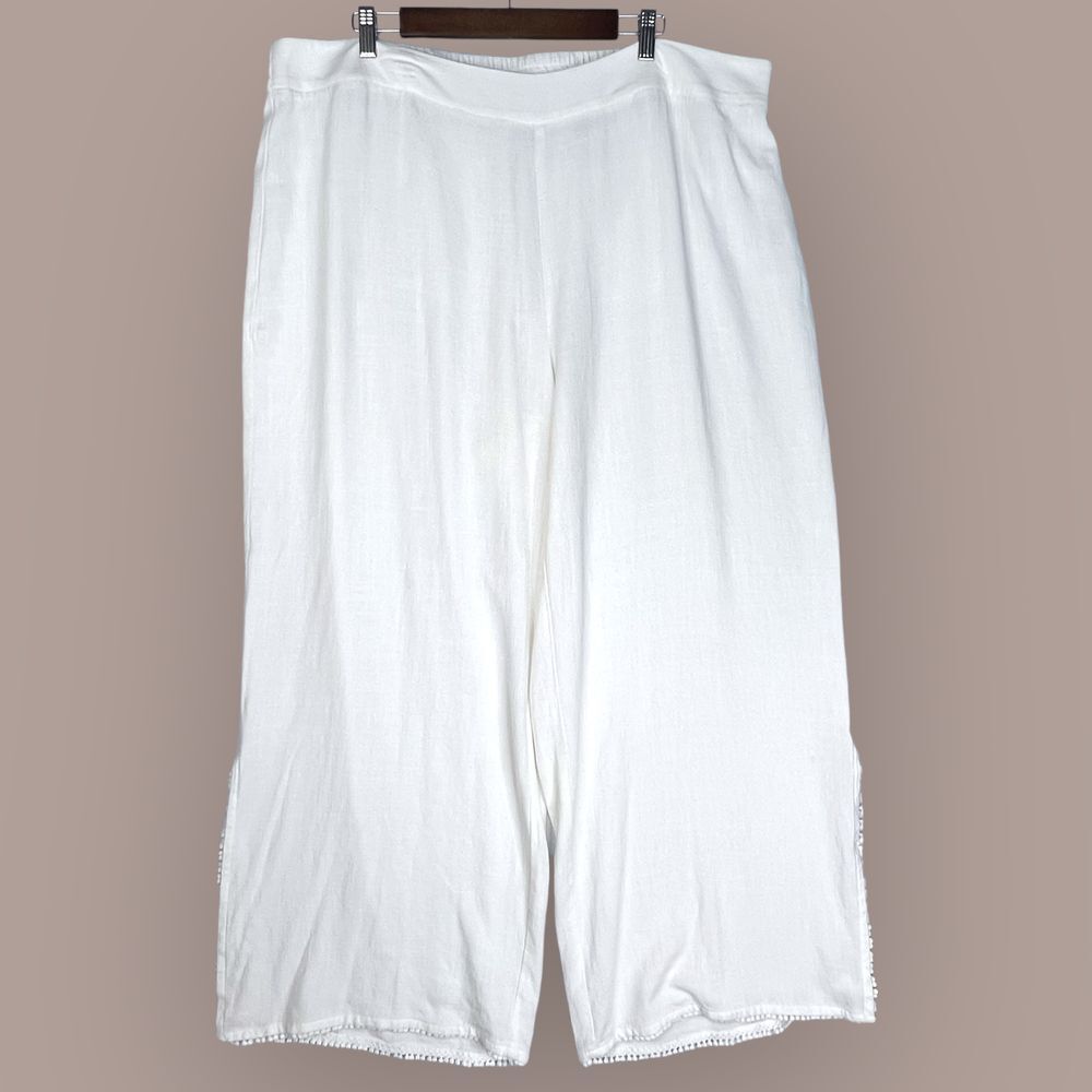 Soft Surroundings White Linen Blend Wide Leg Pants Pom Pom Trim Side Slit Hem 2X
